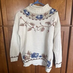 Laura Hansen VTG Floral Sweater Ramie Cotton Blend w Embroidered Accents Large